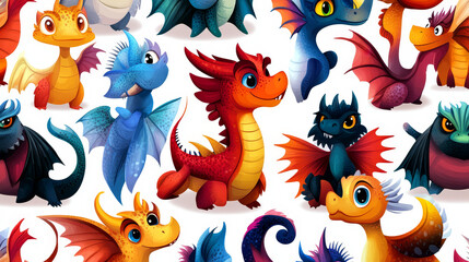 Obraz premium Cute Cartoon Dragons Seamless Pattern Fantasy Character Design Colorful Illustration