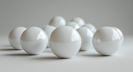 White spherical objects arranged in a pattern under soft natural light on a surface
