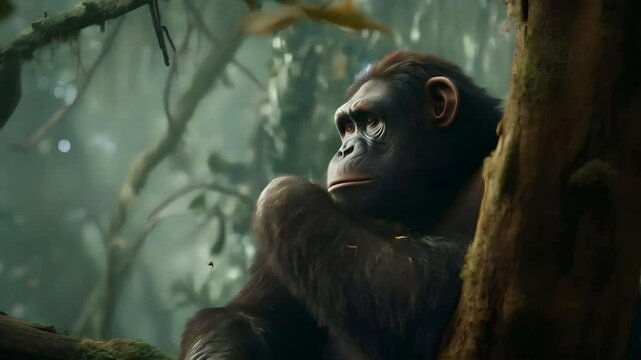 Video recreation of a bipedal hominid sit down and thinking in the jungle