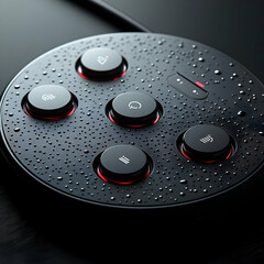 Black Round Control Panel with Red Lights and Water Drops 3D Illustration