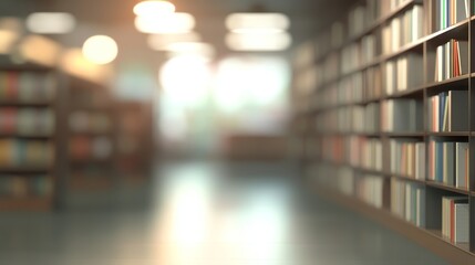Fototapeta premium A blurred view of a library with bookshelves, creating a serene and studious atmosphere.