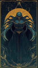 Set 12 Zodiac Project : Zodiac Cancer blue and gold cyberpunk neon tarot card design of the warrior with crab legs on his back and golden septum in dark robes, representing power