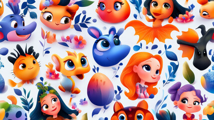 Fototapeta premium Cute Cartoon Characters Seamless Pattern Illustration