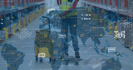 Sweeping warehouse floor, world map and data processing animation over worker - Powered by Adobe