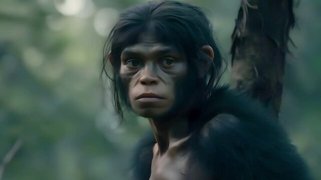 Video recreation of a hominid female looking in the jungle