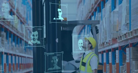 Facial recognition animation over warehouse worker operating forklift - Powered by Adobe
