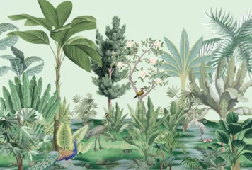 Fotobehang Mughal Garden, Tropical garden, watercolor tree, birds, watercolor background. © Sharif