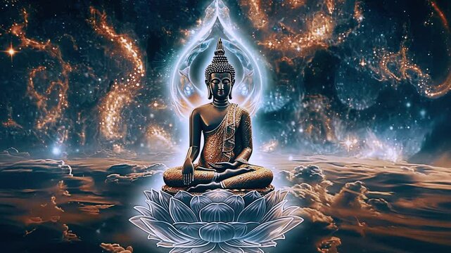 Buddha meditating animation. Peace and mindfulness symbol video. Buddhist siting in lotus. 3D rendering. Sculpture of meditation in galaxy. Buddhism