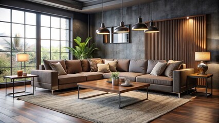 Fototapeta premium modern industrial chic sleek steel sectional sofa sturdy metal coffee table warm ambient lighting rich walnut wood accents deep charcoal grey walls neutral beige carpet