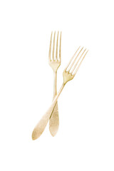 Two isolated elegant vintage forks crossed on transparent background, evoking sense of classic dining and timeless style. Perfect for promoting restaurants, catering services, or high-quality kitchenw
