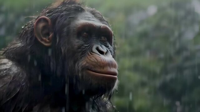 Video recreation of a bipedal hominid looking the rain falls in the jungle