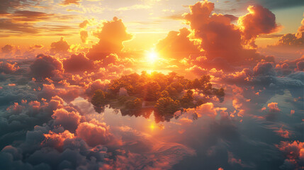 Obraz premium Imaginary images fairy tale with stories of forest legends and sunlight shining on dream city and wild with valley mountain on the sky and cloud in sunset for beyond imagination and fantasy 