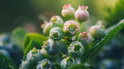 Close-up of blueberry buds on a branch, with green leaves and a blurred background.