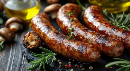 Fototapeta premium Deliciously grilled sausages served with mushrooms and herbs on a wooden cutting board