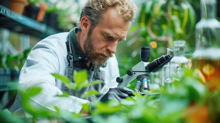 Professional Caucasian botanist scientists elderly senior man is research information of plant growth and genetics in microscope in a greenhouse at Plant Science laboratory