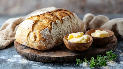 A rustic breadboard with freshly baked bread and a bowl of butter