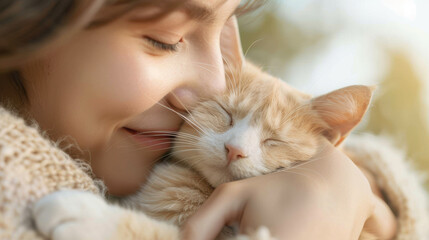 A young woman hug and love adorable kitten cat in warmth when the weather is cold. Warmth between people and pets in warmth house