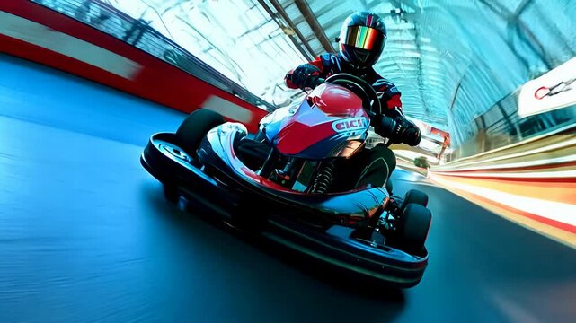 Racer in a red and black suit driving a go-kart on an indoor track