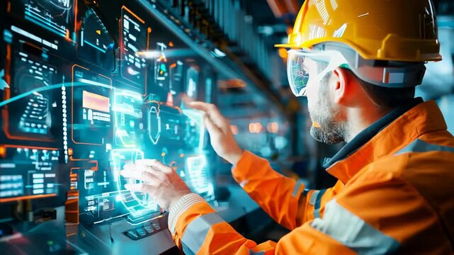 Industrial engineer in safety gear working on futuristic digital control panel in manufacturing plant