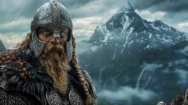 Viking warrior with braided beard and metal helmet standing in front of misty mountain landscape
