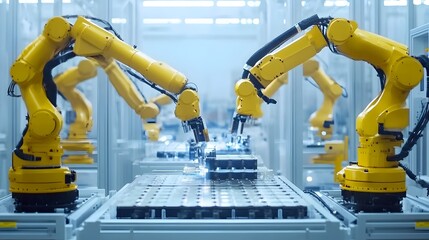 Robotic Arm Assembling Battery Cells in a Futuristic Factory Setting