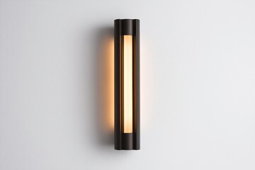 A modern black wall sconce with a warm white light source.