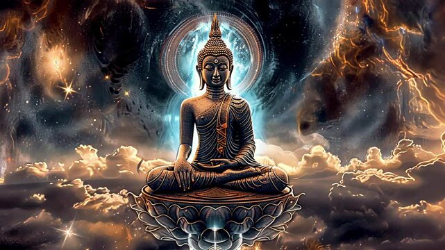 Buddha meditating animation. Peace and mindfulness symbol video. Buddhist siting in lotus. 3D rendering. Sculpture of meditation in galaxy. Buddhism
