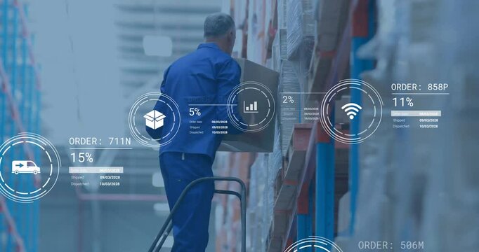 Warehouse worker moving boxes, logistics data processing animation over scene