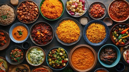 Fototapeta premium A table full of traditional Nigerian food with many different dishes, including rice, beans, and meat