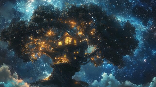 An enchanting treehouse is nestled among the branches of a gigantic, ancient tree that stretches high into a star-lit night sky. The treehouse, glowing warmly with light from within, appears both whim