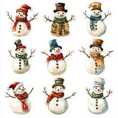 Whimsical snowmen in various hats and scarves, showcasing festive winter spirit. Perfect for holiday themed designs.