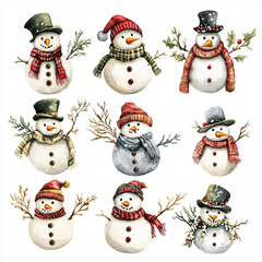 Vintage snowman clipart featuring various cheerful snowmen with hats and scarves, perfect for holiday designs.