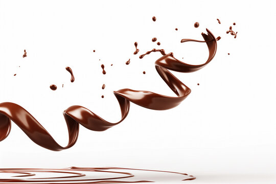 Mesmerizing liquid chocolate wave splash, swirl and twist like ribbon on white background
