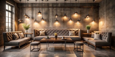 " Moody dusk triangle seating setup symmetrical warmth minimalist neutral beige gray velvet textures industrial metal accents contemporary sophistication cozy intimate inviting atmospheric"