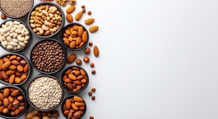 Fototapeta premium A colorful array of nuts and seeds displayed in bowls on a white background