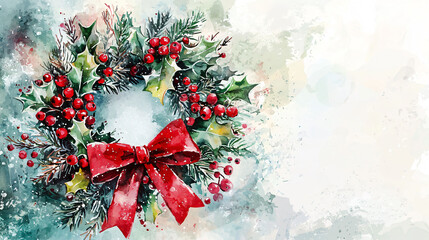 A beautiful watercolor Christmas wreath adorned with holly berries and red bow, evoking festive and joyful spirit.