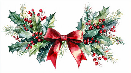 A beautiful watercolor Christmas wreath featuring holly, berries, and red bow, perfect for festive decorations.