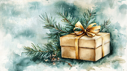 A beautifully wrapped gift adorned with golden ribbon and pine branches evokes warm, festive spirit.