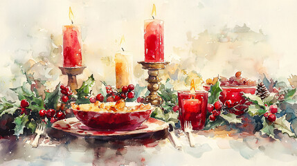 A festive table setting with candles, holly, and delicious dish creates warm holiday atmosphere.