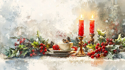 A festive table setting with red candles, holly, and pinecones creates warm holiday atmosphere.
