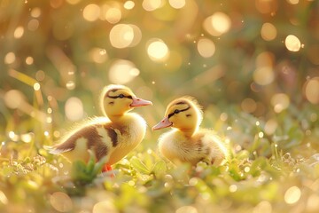 Two adorable ducklings standing in a grassy field, bathed in the warm glow of the setting sun.