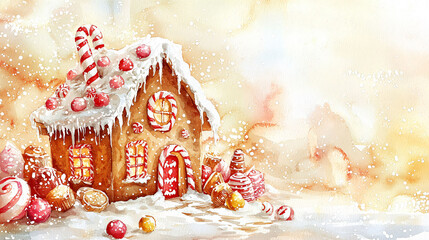 A whimsical watercolor of gingerbread house adorned with candy details, evoking festive and cheerful atmosphere.