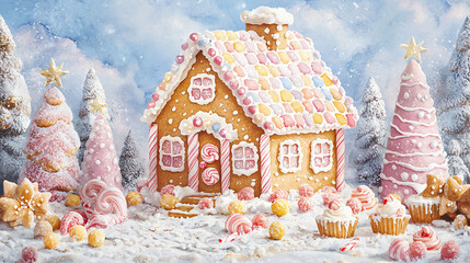A whimsical gingerbread house adorned with colorful candy details, surrounded by snowy trees and festive treats, evokes joyful holiday spirit.