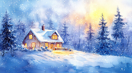A cozy snow covered house surrounded by tall trees, illuminated by warm light, creates serene winter scene. gentle snowfall adds to peaceful atmosphere.