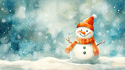 A cheerful snowman wearing an orange hat and scarf stands in snowy landscape, surrounded by falling snowflakes.
