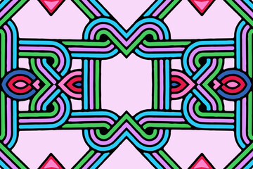 Colored background, cover, coloring book for kids and adults handmade, doodling, zentangle, antistress. Geometric original drawing. Template in ethnic style of East, Asia, India, Mexico, Aztec, Peru.