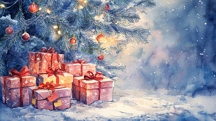 Wrapped gifts with bows under snowy Christmas tree create festive atmosphere. scene captures joy and warmth of holiday season.