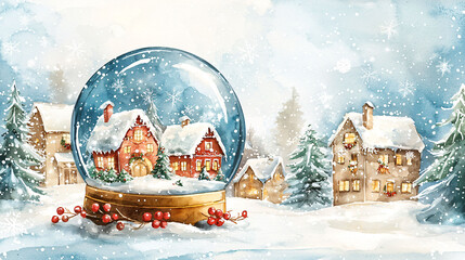 A watercolor snow globe featuring festive winter villa surrounded by snow covered trees and houses creates magical winter scene.
