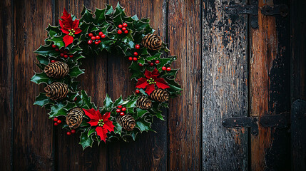 A festive wreath made of holly, pinecones, and red flowers hangs on rustic wooden door, evoking warm holiday spirit.