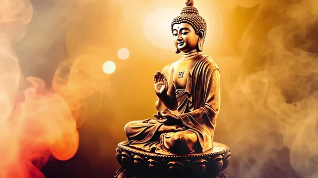 Buddha meditating animation. Peace and mindfulness symbol video. Buddhist siting in lotus. 3D rendering. Sculpture of meditation in galaxy. Buddhism